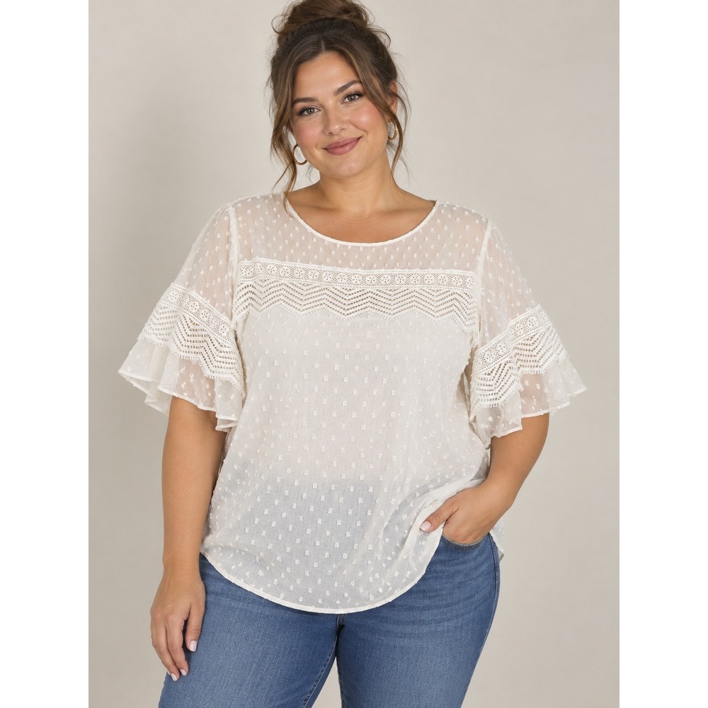 Alfani XL White Swiss Dot Lace Flutter Sleeve Sheer Crochet Boho Blouse